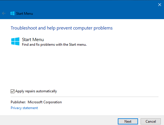 صورة لـ حل مشكلة عدم عمل قائمة إبدأ عند النقر عليها في الويندوز 10 | Start-Menu-troubleshooter-DzTechs