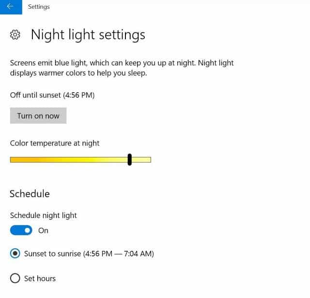 صورة لـ أفضل 10 ميزات وخصائص قادمة الى الويندوز 10 في التحديث الجديد | night-light-settings-min