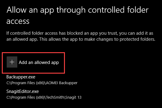 صورة لـ كيفية حماية ملفاتك ضد فيروسات الفدية من خلال ميزة التحكم في الوصول إلى المجلد في Windows 10 | controlled-folder-access-click-add-an-allowed-app-button-DzTechs