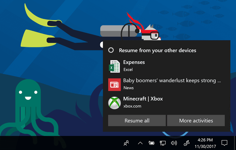 صورة لـ Microsoft قامت بعد تأخر باضافة ميزة Timeline في النسخة الجديدة للويندوز 10 | win10-timeline-cortana-prompt-DzTechs
