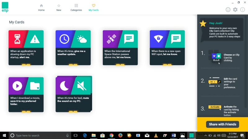 صورة لـ جعل المهام اليومية في الويندوز تلقائية وتحسين الإنتاجية مع تطبيق Ellp | Windows-Desktop-with-Ellp-my-cards-open-DzTechs