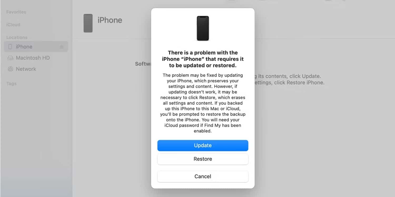 صورة لـ كيفية إصلاح مشكل شاشة الموت السوداء على الـ iPhone الخاص بك | ios-downgrade-iphone-recovery-mode-restore-pop-up