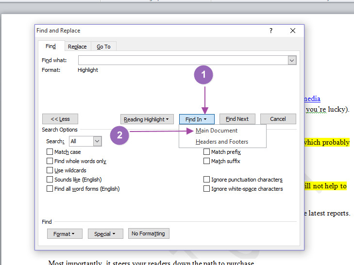 صورة لـ كيفية نسخ ولصق نص من تحديدات نصية متعددة في Microsoft Word | microsoft-word-find-in-box-DzTechs