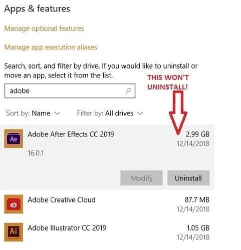 صورة لـ كيفية إلغاء تثبيت منتجات Adobe Creative Cloud من كمبيوتر بنظام Windows 10 | Adobe-After-Effects-Failure-to-Uninstall-DzTechs