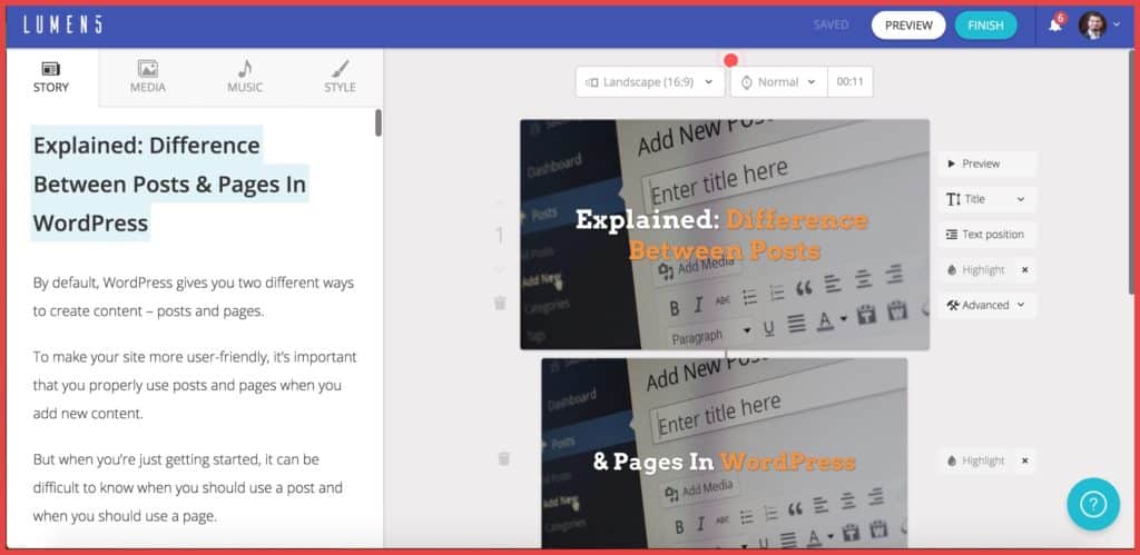 صورة لـ كيفية إنشاء مقاطع الفيديو من مقالات مدونتك – باستخدام Lumen5 | Lumen5-Video-creation-dashboard-1024x499-DzTechs