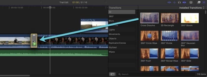 صورة لـ كيف تبدأ في استخدام تطبيق تعديل الفيديو الاحترافي Final Cut Pro | final-cut-pro-intro-add-transition-2-DzTechs