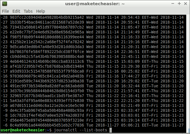 صورة لـ كيفية استخدام Journalctl لقراءة سجلات نظام Linux | journalctl-list-boots-DzTechs