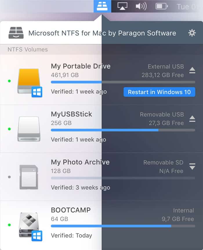 صورة لـ كيفية الكتابة إلى محرك أقراص NTFS في نظام MacOS | mount-ntfs-drive-mac-paragon-menu-bar-DzTechs