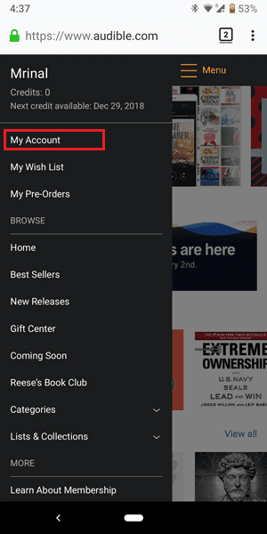 صورة لـ كيفية إلغاء الاشتراك في تطبيق Audible بسهولة | my-account-in-browser-mobile-mode-DzTechs