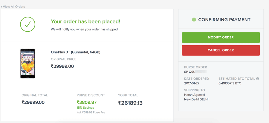 صورة لـ كيف شراء المنتجات من Amazon باستخدام Bitcoins والحصول على خصم يصل إلى 25% | Amazon-order-placed-using-Bitcoin-Purseio-DzTechs