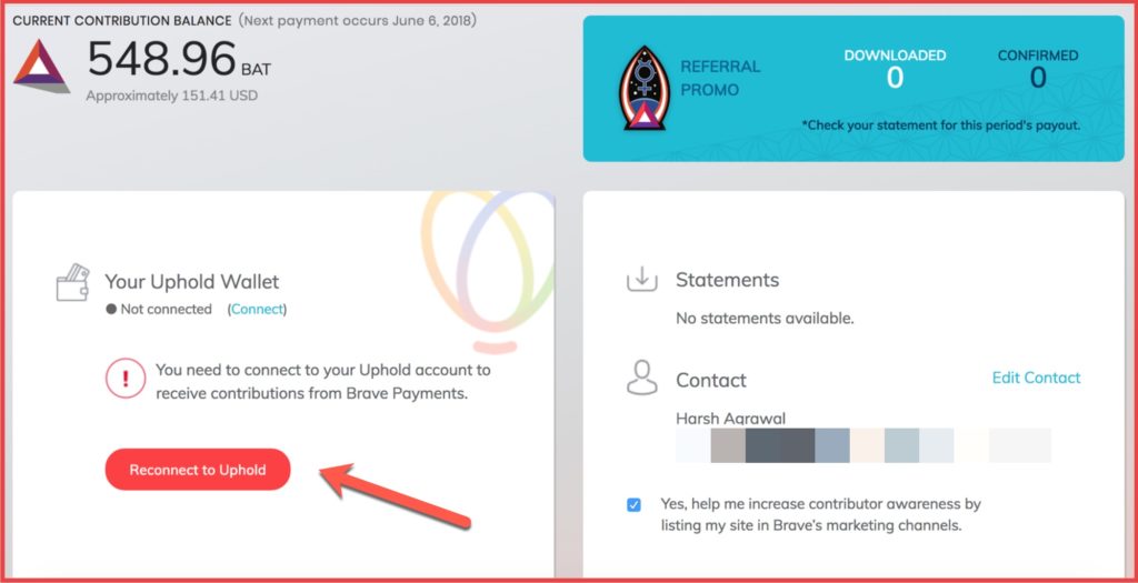 صورة لـ كسب إضافي، الحصول على Bitcoin بشكل مجاني من مدونتك وقناة YouTube مع متصفح Brave [مع الدليل] | Brave-Uphold-connect-1024x525-DzTechs