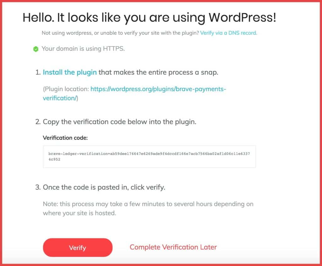 صورة لـ كسب إضافي، الحصول على Bitcoin بشكل مجاني من مدونتك وقناة YouTube مع متصفح Brave [مع الدليل] | Domain-verification-brave-browser-1024x847-DzTechs