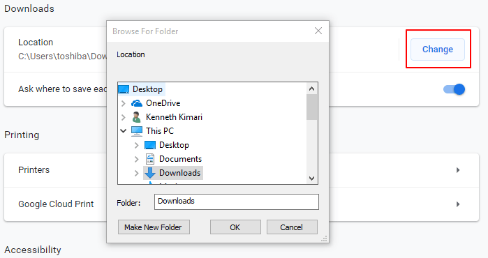 صورة لـ كيفية تغيير إعدادات التنزيل في Google Chrome | chrome-settings-browse-folder-DzTechs