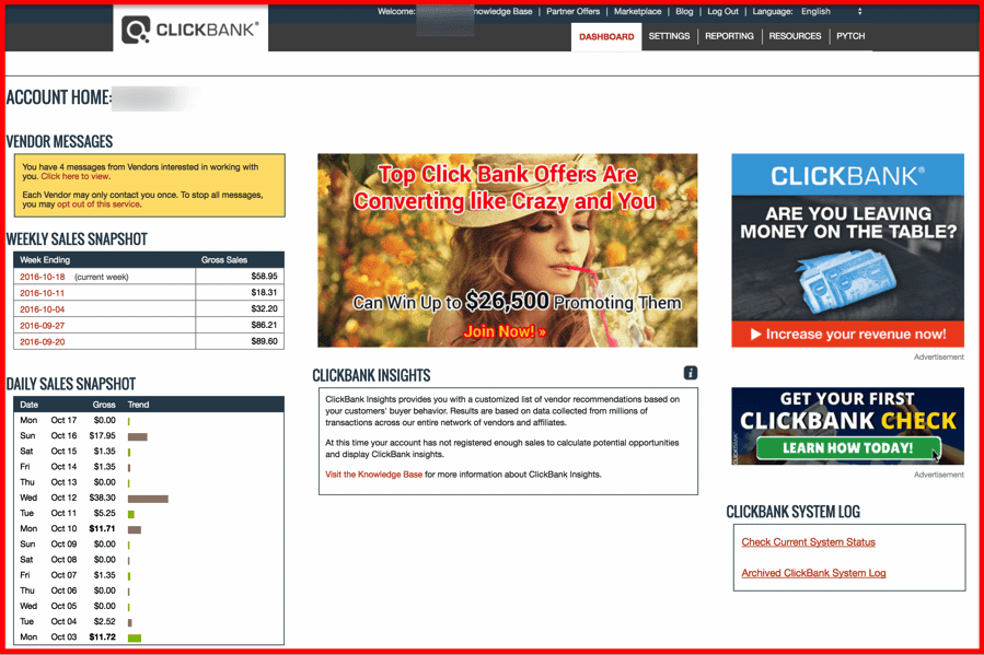 صورة لـ أفضل شبكات التسويق بالعمولة لإيجاد البرامج تابعة [قائمة مميزة]: طبعة 2023 | Clickbank-dashboard-DzTechs