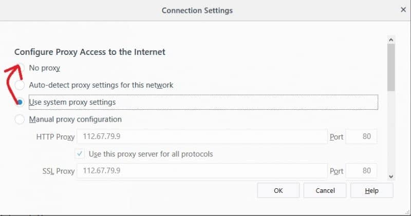 صورة لـ كيفية تجاوز خادم البروكسي على الشبكة المحلية | Firefox-No-proxy-settings-e1540049839634-DzTechs