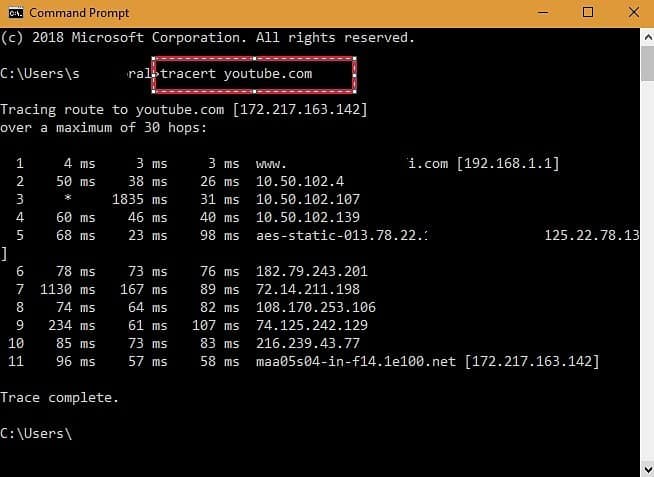 صورة لـ كيفية تجاوز خادم البروكسي على الشبكة المحلية | Tracert-Youtubedotcom-Command-prompt-Screenshot-DzTechs