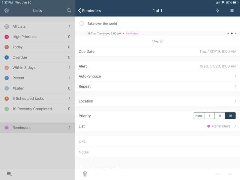 صورة لـ كيفية إضافة العديد من المميزات إلى تطبيق “التذكيرات” من Apple مع Goodtask | goodtask-reminders-ipad-DzTechs