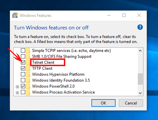 صورة لـ كيفية تمكين خادم Telnet في نظام Windows 10 | windows_features_telnet_client-DzTechs