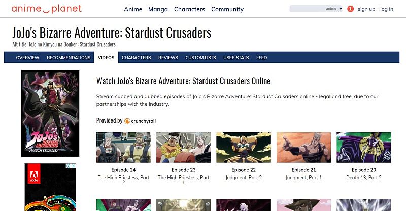 صورة لـ أفضل مواقع الويب لمُشاهدة الأنمي أون لاين والحصول على آخر الأخبار | Anime-Planet-JoJos-Bizarre-Adventures-Page-DzTechs