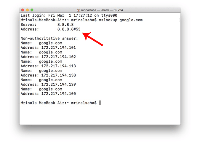 صورة لـ كيفية معرفة أي خادم DNS أقوم باستخدامه؟ | MacBook_nslookup-DzTechs