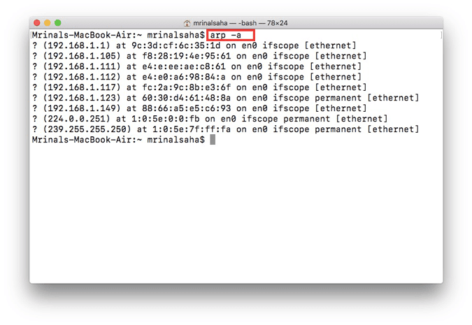 صورة لـ كيفية إيجاد عنوان IP الخاص بأجهزة أخرى على شبكتك على جميع المنصات | Mac_Terminal_ARP_Results-DzTechs
