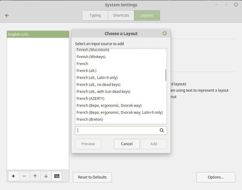 صورة لـ كيفية تغيير وإدارة تخطيط لوحة المفاتيح على Linux | cinnamon-choose-layout-DzTechs