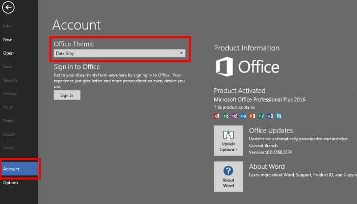 صورة لـ كيفية تمكين الوضع المظلم للتطبيقات الأكثر استخداما في Windows | dark-mode-msword-select-DzTechs