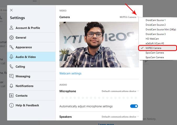 صورة لـ تطبيقات لاستخدام كاميرا الهاتف ككاميرا ويب لنظام Windows و MacOS | mjpeg_camera_skype-DzTechs