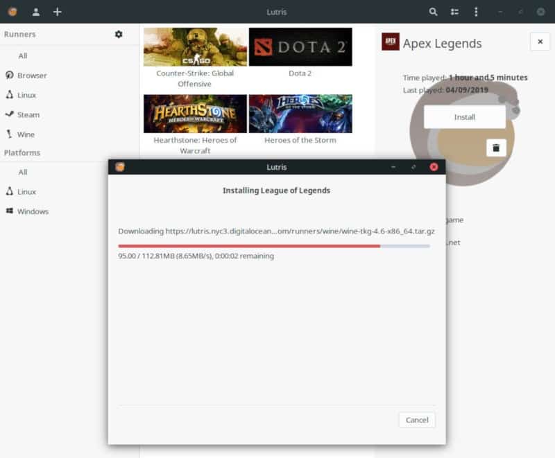 صورة لـ كيفية تثبيت League of Legends على نظام Linux | lutris-downloading-wine-DzTechs