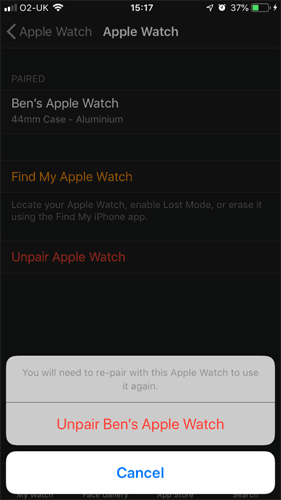 صورة لـ كيفية إلغاء الإقتران واستعادة بيانات Apple Watch الخاصة بك | Apple-Watch-Unpair-confirm-unpair-min-DzTechs