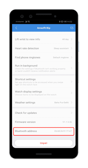 صورة لـ كيفية التحكم في الكاميرا ومشغل الموسيقى مع Amazfit Bip | bluetooth-address-min-DzTechs