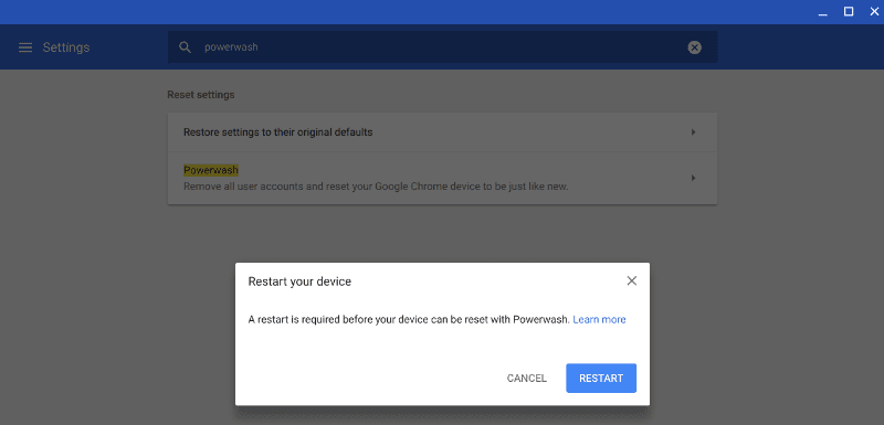 صورة لـ كيفية إعادة تعيين أو عمل Powerwash لجهاز Chromebook | powerwash-chromebook-confirm-powerwash-min-DzTechs