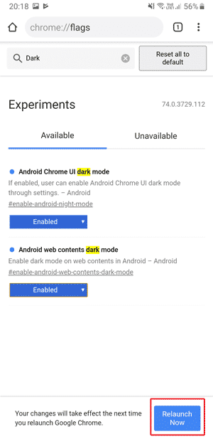 صورة لـ متصفح Chrome على Android يدعم الوضع المظلم | relaunch-now-1-min-DzTechs