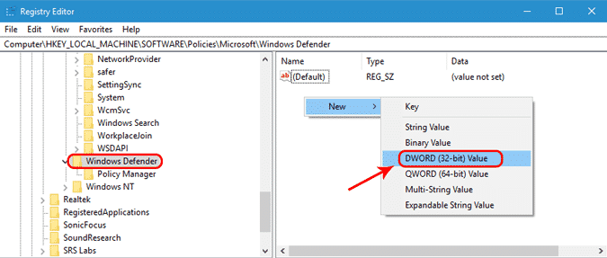 صورة لـ كيفية جعل نظام Windows 10 أسرع في 9 خطوات بسيطة | windows-defender-regedit-min-DzTechs