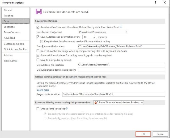 صورة لـ نصائح مفيدة لتقليل حجم ملف عرض PowerPoint التقديمي | Reduce-size-powerpoint-embed-fonts-save-tab-untick-min-DzTechs