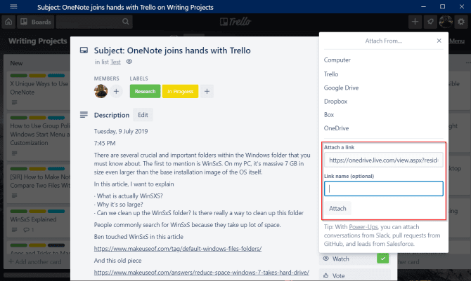 صورة لـ 6 طرق لاستخدام Trello و OneNote معاً لتحسين الإنتاجية | attach-OneNote-page-link-to-trello-min-DzTechs