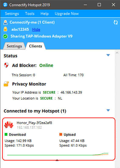 صورة لـ كيفية مشاركة اتصال VPN عبر Wi-Fi على Windows 10 | connectify-connected-client-min-DzTechs