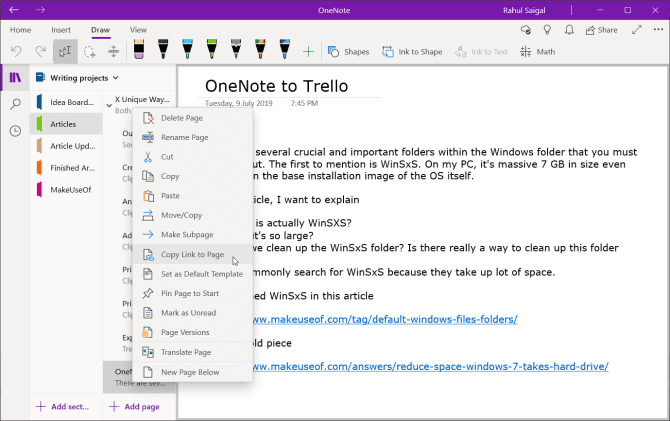 صورة لـ 6 طرق لاستخدام Trello و OneNote معاً لتحسين الإنتاجية | copy-link-to-page-OneNote-min-DzTechs