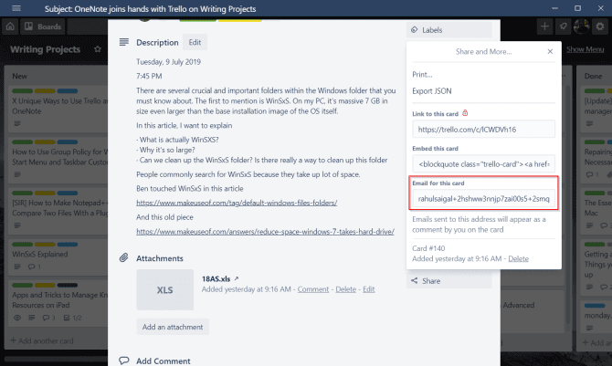 صورة لـ 6 طرق لاستخدام Trello و OneNote معاً لتحسين الإنتاجية | email-address-of-a-trello-card-min-DzTechs