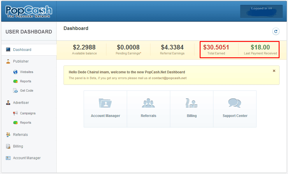 صورة لـ أفضل بدائل Google AdSense لمدونتك: إصدار 2023 | popcash-dashboard-min-DzTechs
