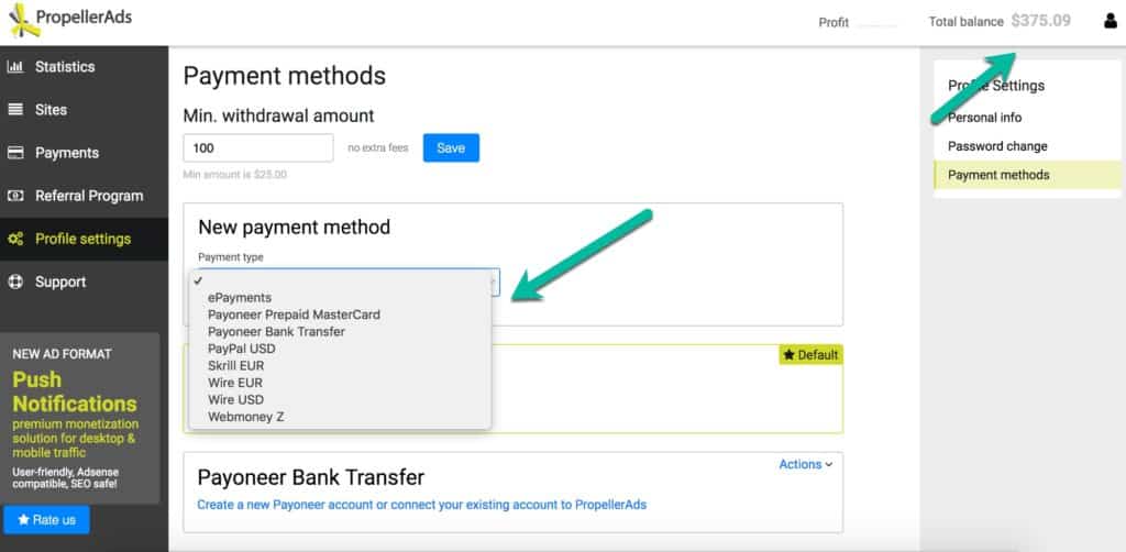 صورة لـ أفضل بدائل Google AdSense لمدونتك: إصدار 2023 | propeller-payment-options-1024x502-min-DzTechs