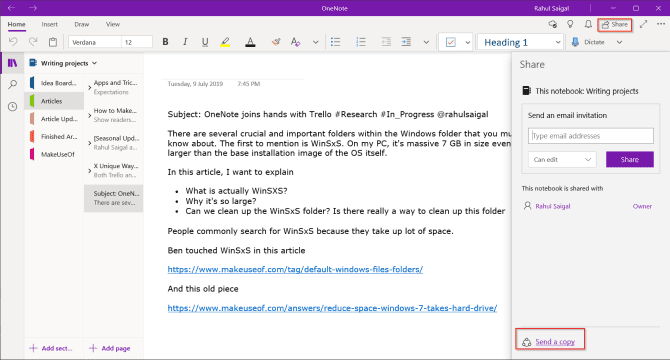 صورة لـ 6 طرق لاستخدام Trello و OneNote معاً لتحسين الإنتاجية | send-a-copy-option-OneNote-min-DzTechs
