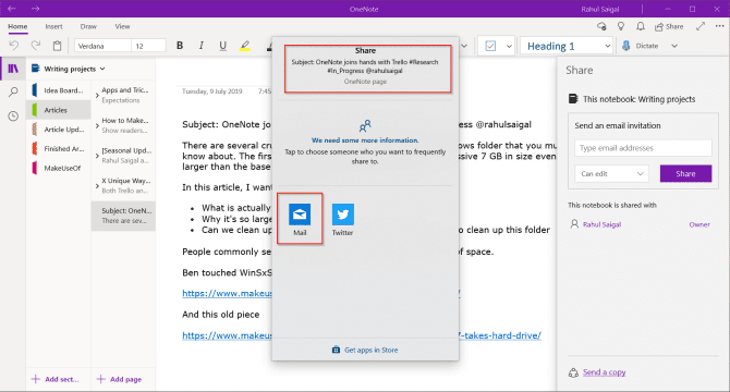 صورة لـ 6 طرق لاستخدام Trello و OneNote معاً لتحسين الإنتاجية | share-dialog-box-OneNote-to-Mail-app-min-DzTechs