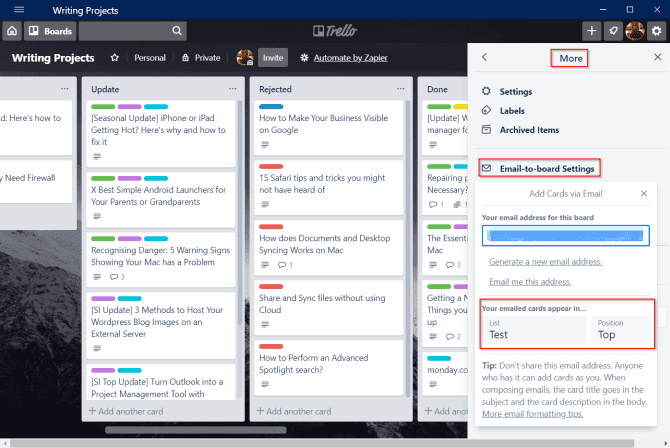 صورة لـ 6 طرق لاستخدام Trello و OneNote معاً لتحسين الإنتاجية | trello-email-to-board-settings-menu-min-DzTechs