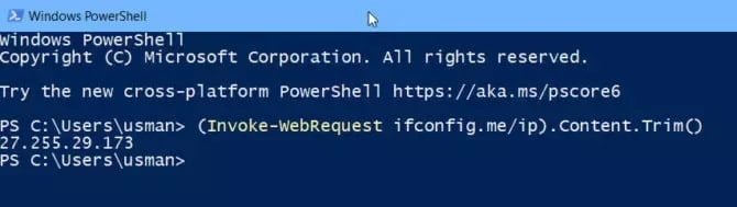 صورة لـ كيفية التحقق من عنوان IP العام باستخدام سطر الأوامر في Windows 10 | Get-my-IP-using-PowerShell-670x189-min-DzTechs