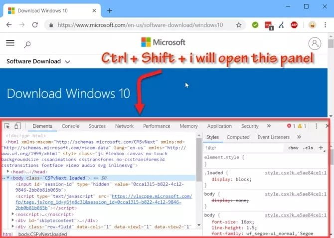 صورة لـ تنزيل أحدث إصدار من Windows 10 بصيغة ISO لجميع اللغات | Open-inspect-panel-in-Chrome-670x477-min-DzTechs