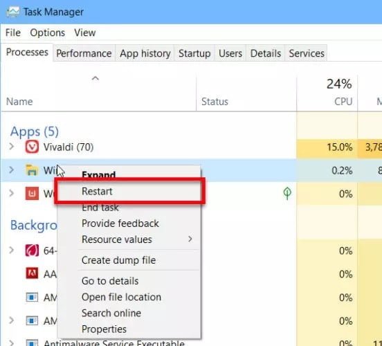 صورة لـ كيفية حذف، نقل أو إعادة تسمية الملفات قيد الاستخدام بواسطة برنامج آخر | Restart-Windows-Explorer-process-552x500-min-DzTechs