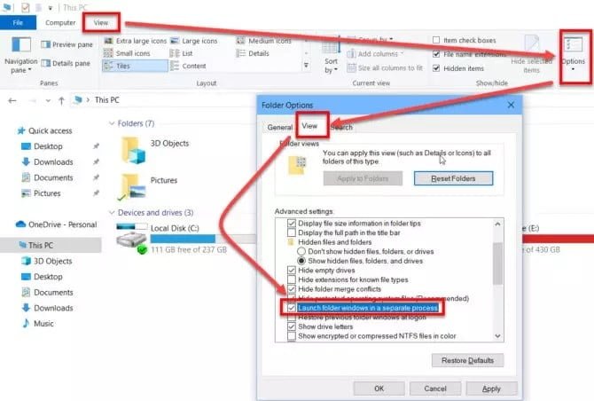 صورة لـ كيفية حذف، نقل أو إعادة تسمية الملفات قيد الاستخدام بواسطة برنامج آخر | launch-folder-windows-in-a-separate-process-670x452-min-DzTechs