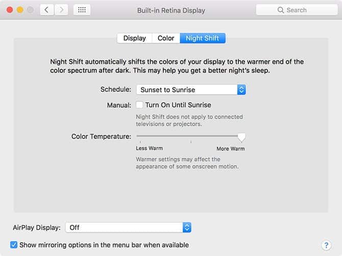 صورة لـ أفضل تطبيقات macOs لتثبيتها على الـ MacBook أو الـ iMac | mac_night_shift_options-1-min-DzTechs