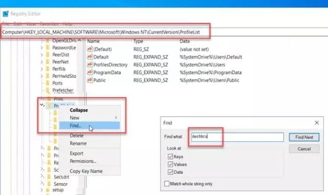 صورة لـ كيفية تغيير اسم الحساب، اسم المستخدم واسم ملف التعريف في Windows 10 | Find-profile-in-Registry-Editor-670x398-min-DzTechs